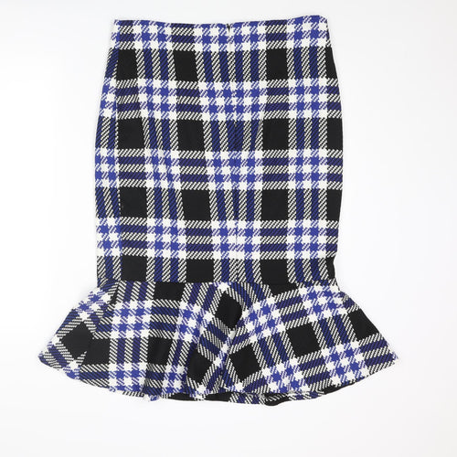 Marks and Spencer Womens Blue Plaid Polyester Trumpet Skirt Size 16 Zip