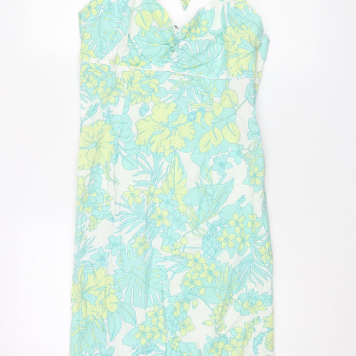 Oasis Womens Green Floral Cotton Shift Size 14 Halter Zip - Open Back