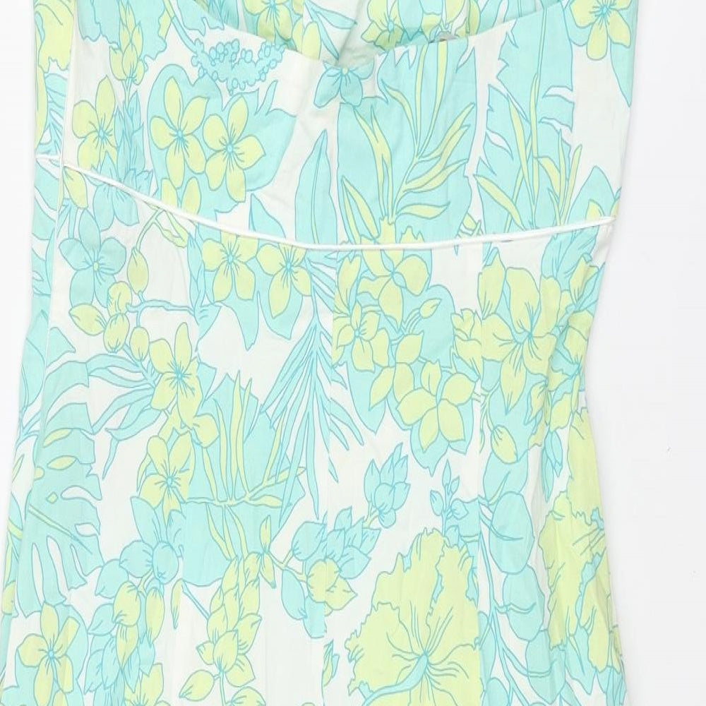 Oasis Womens Green Floral Cotton Shift Size 14 Halter Zip - Open Back