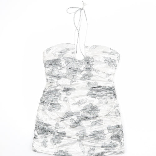Zara Womens Silver Floral Polyester Mini Size XL Halter Zip