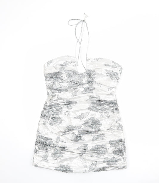 Zara Womens Silver Floral Polyester Mini Size XL Halter Zip
