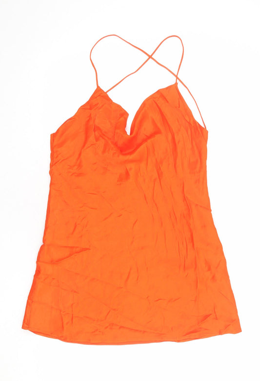 Zara Womens Orange Viscose Slip Dress Size M Cowl Neck Pullover