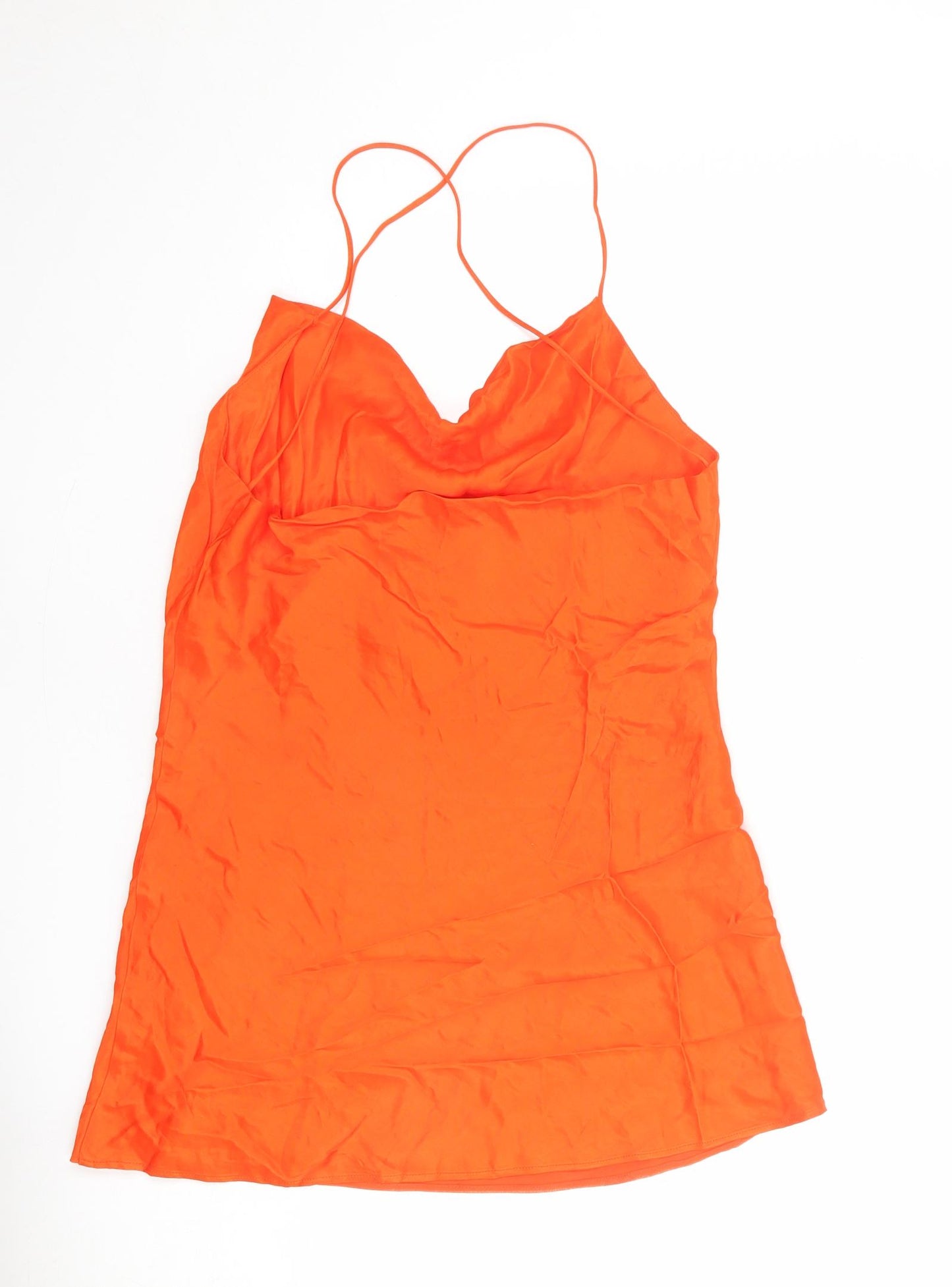 Zara Womens Orange Viscose Slip Dress Size M Cowl Neck Pullover