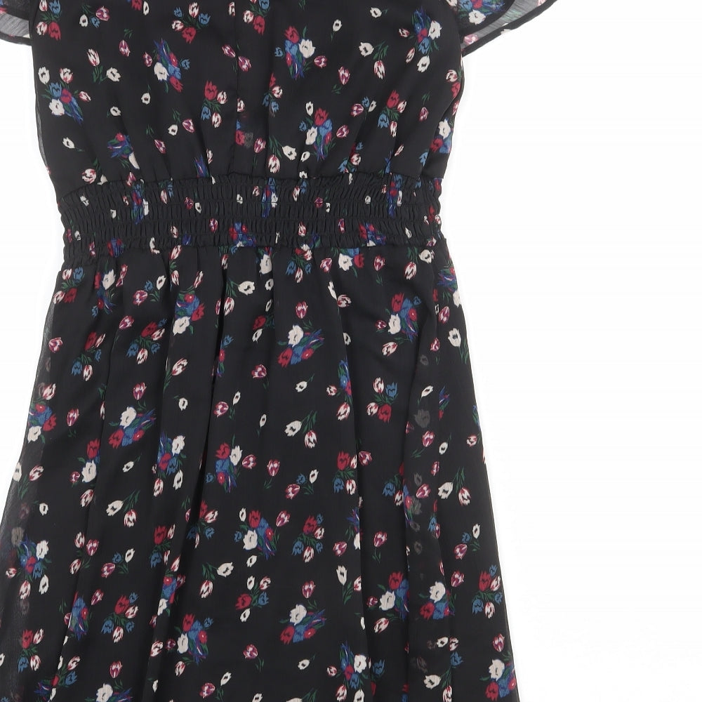 New Look Womens Black Floral Polyester A-Line Size 10 Boat Neck Button