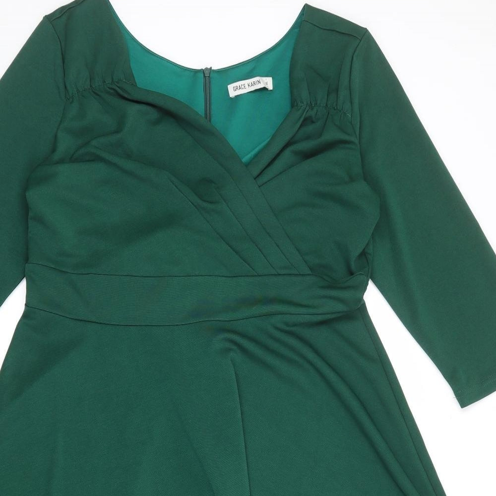 Grace Karin Womens Green Polyester Fit & Flare Size XL V-Neck Zip