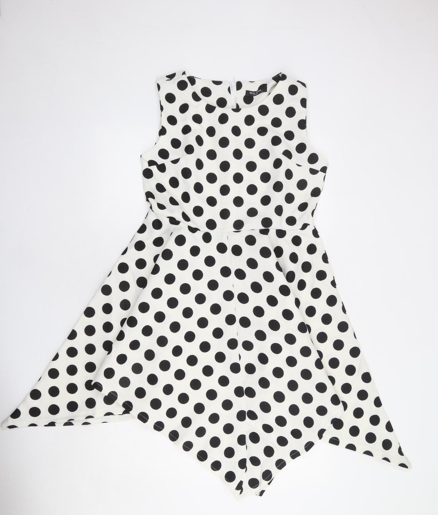 Real Form Womens White Polka Dot Polyester Trapeze & Swing Size 14 Round Neck Zip