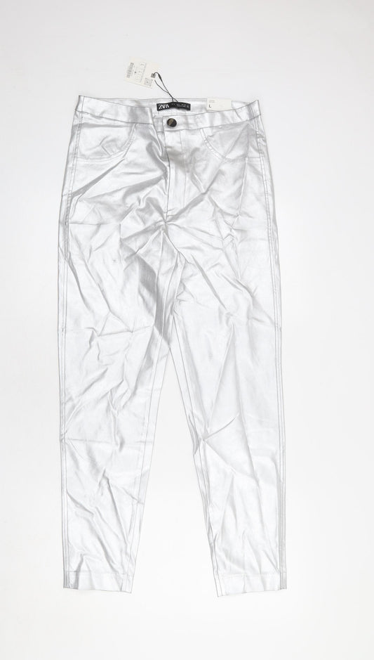 Zara Womens Silver Viscose Trousers Size L L26 in Regular Zip