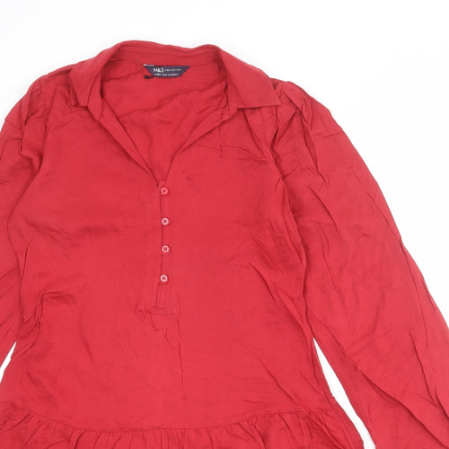 Marks and Spencer Womens Red Viscose Shirt Dress Size 6 Collared Button