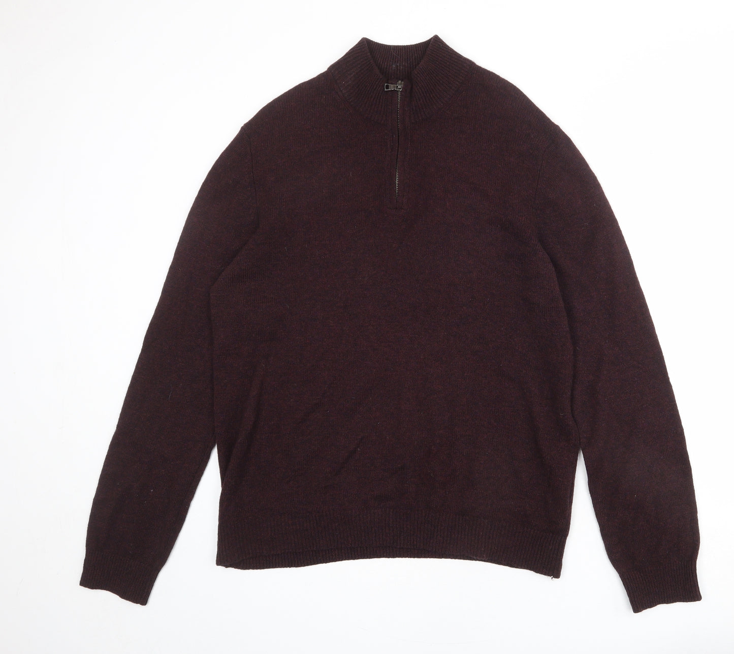 Marks and Spencer Mens Red Mock Neck Wool Henley Jumper Size L Long Sleeve