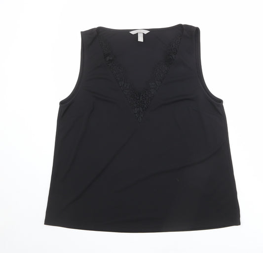 H&M Womens Black Polyester Basic Blouse Size M V-Neck - Lace Trim