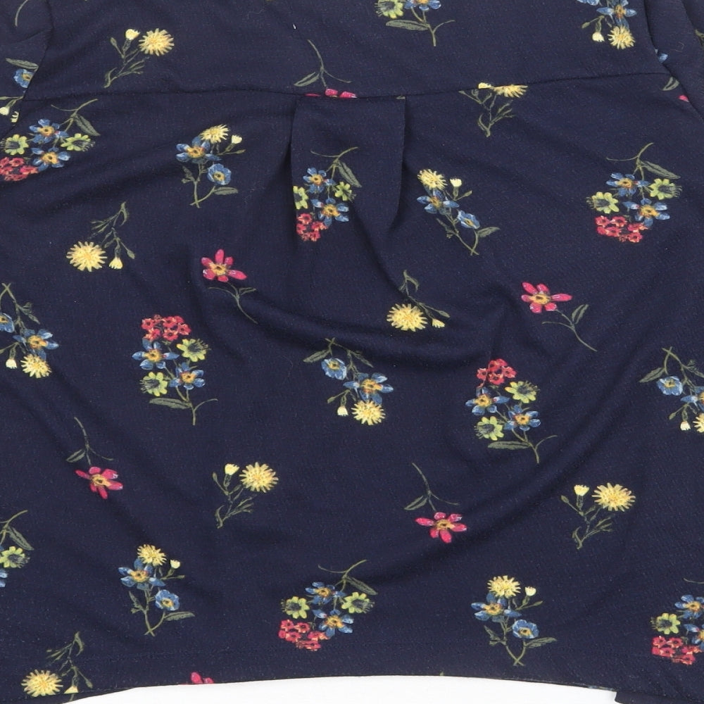 Marks and Spencer Womens Blue Floral Polyester Basic T-Shirt Size 10 Round Neck