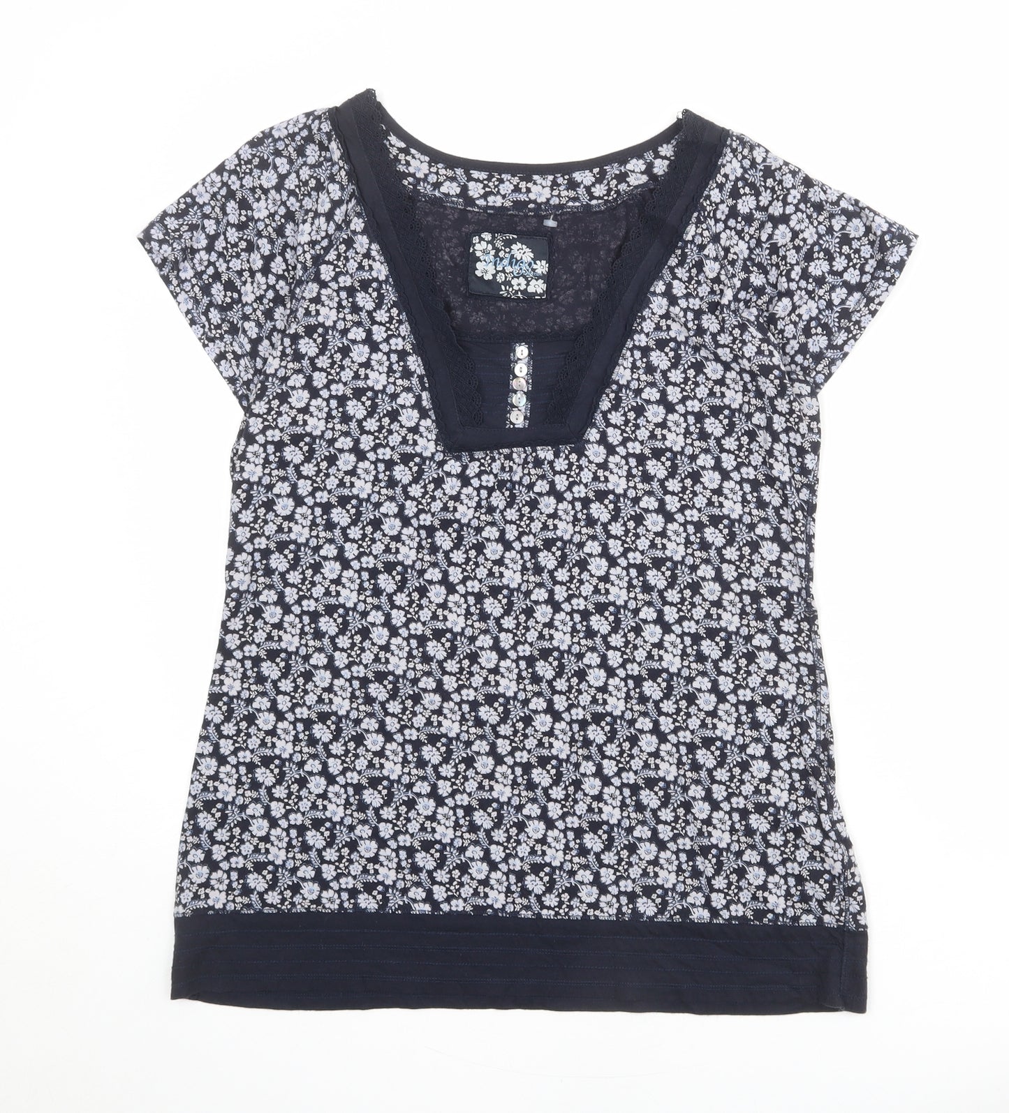 Indigo Womens Blue Floral 100% Cotton Basic T-Shirt Size 14 V-Neck