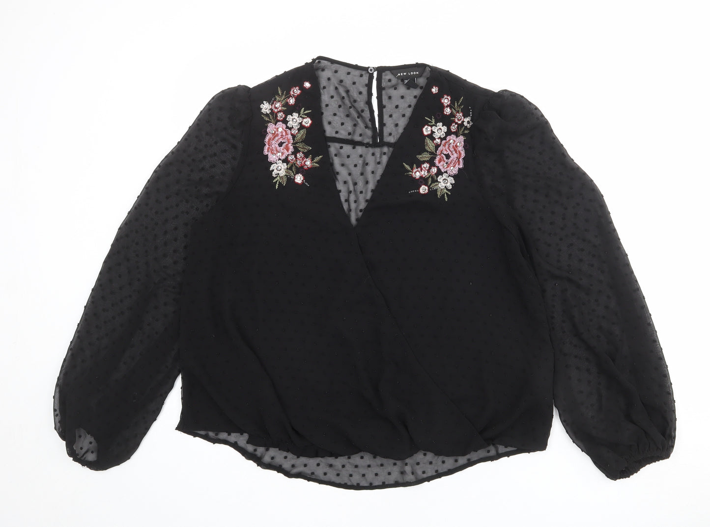 New Look Womens Black Polka Dot Polyester Basic Blouse Size 14 V-Neck - Flower Detail
