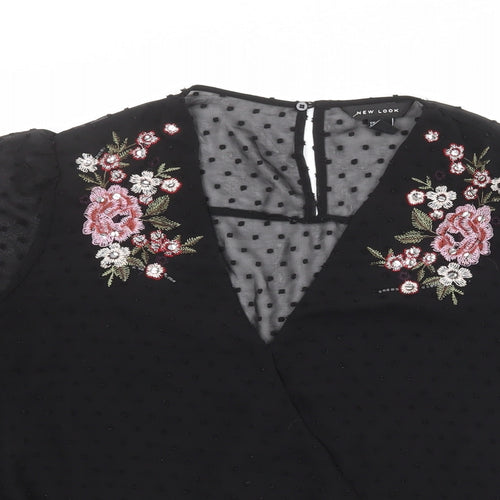 New Look Womens Black Polka Dot Polyester Basic Blouse Size 14 V-Neck - Flower Detail