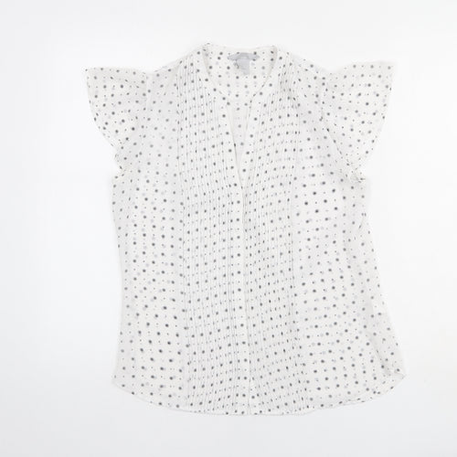 H&M Womens White Geometric Polyester Basic Button-Up Size 10 V-Neck
