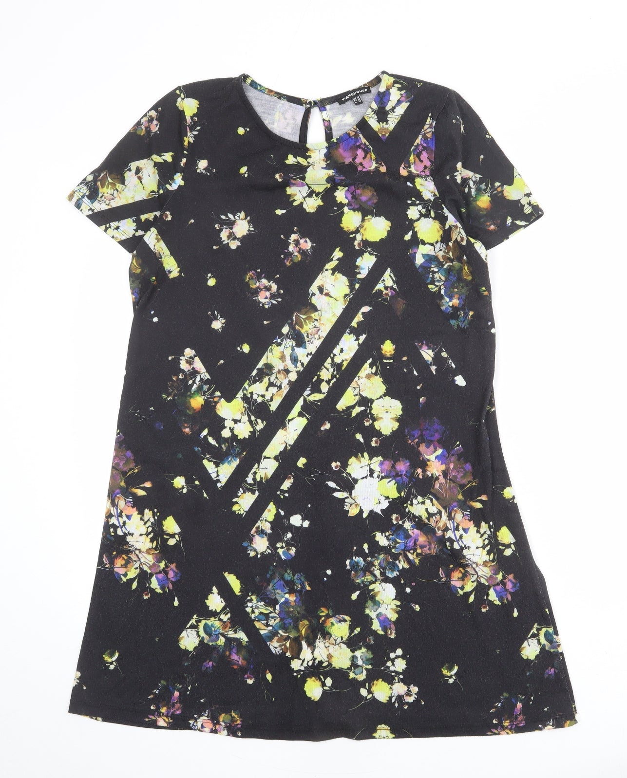 Warehouse Womens Black Floral Polyester Shift Size 10 Round Neck Button