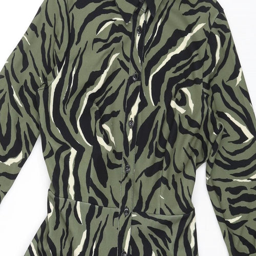 Dorothy Perkins Womens Green Animal Print Polyester Shirt Dress Size 8 Collared Tie