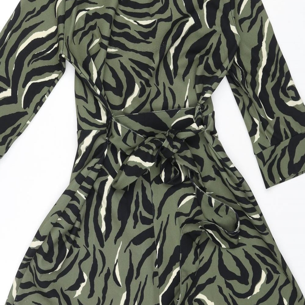 Dorothy Perkins Womens Green Animal Print Polyester Shirt Dress Size 8 Collared Tie