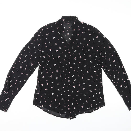 New Look Womens Black Floral Polyester Basic Button-Up Size 10 Collared