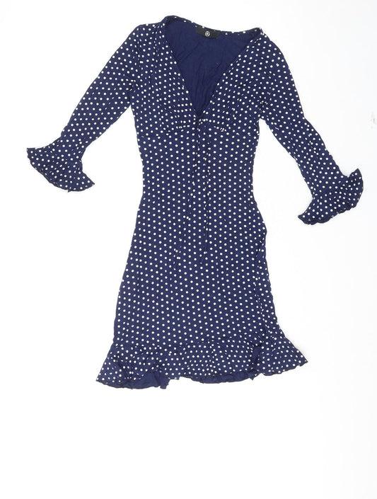 Missguided Womens Blue Polka Dot Viscose Skater Dress Size 8 V-Neck Pullover