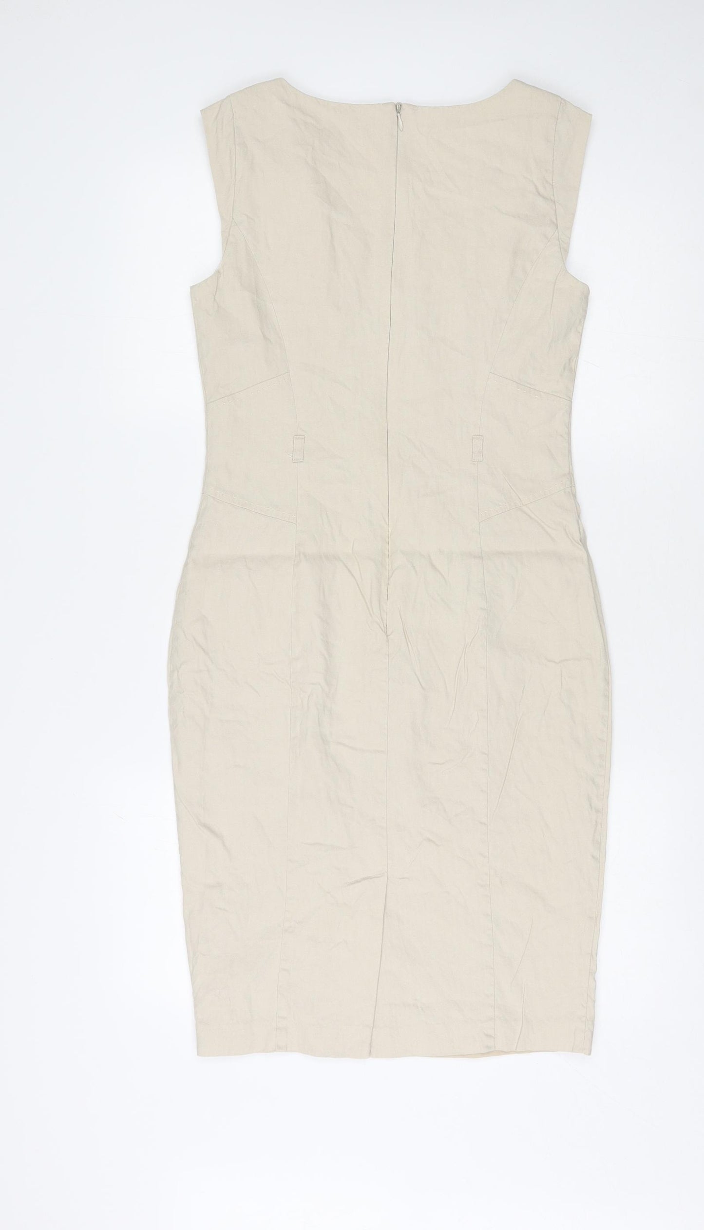 Marks and Spencer Womens Beige Linen Pencil Dress Size 8 V-Neck Zip