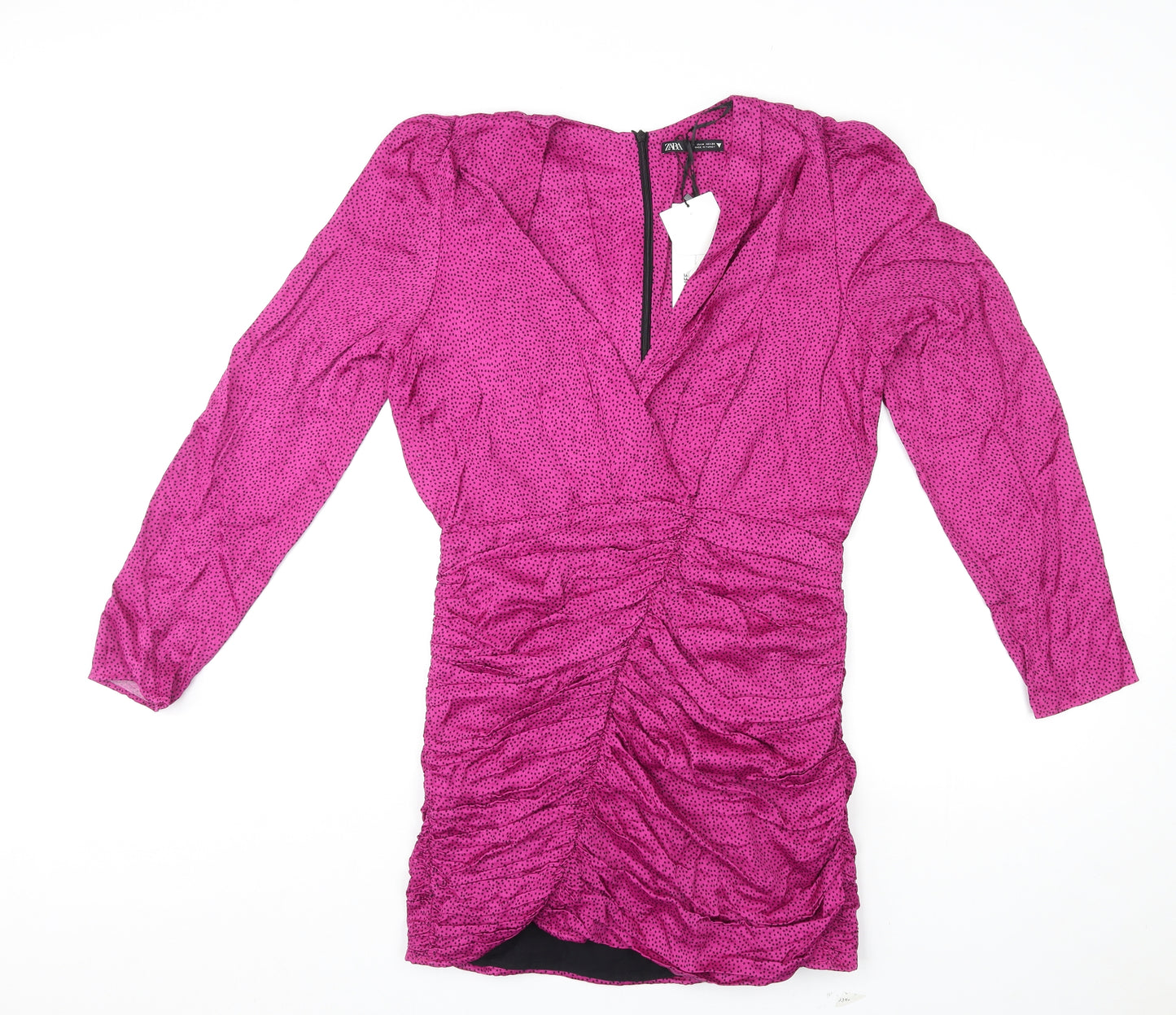 Zara Womens Purple Polka Dot Viscose Mini Size M V-Neck Zip