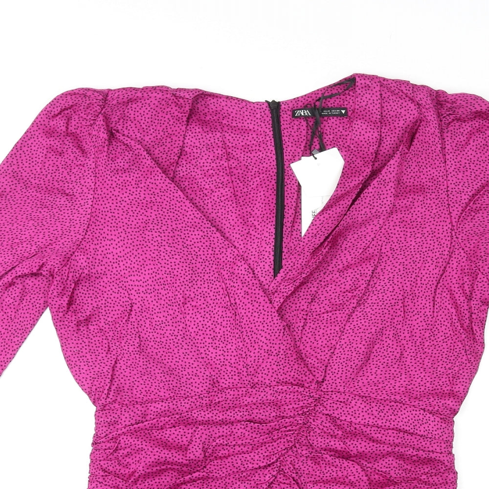 Zara Womens Purple Polka Dot Viscose Mini Size M V-Neck Zip