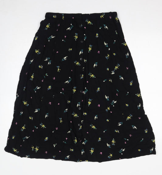 Marks and Spencer Womens Black Floral Viscose Peasant Skirt Size 14 Button
