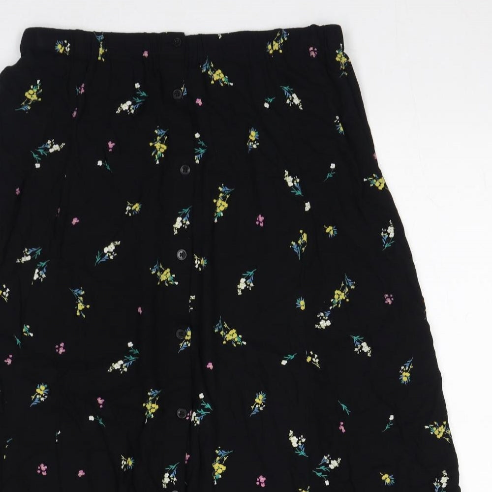 Marks and Spencer Womens Black Floral Viscose Peasant Skirt Size 14 Button