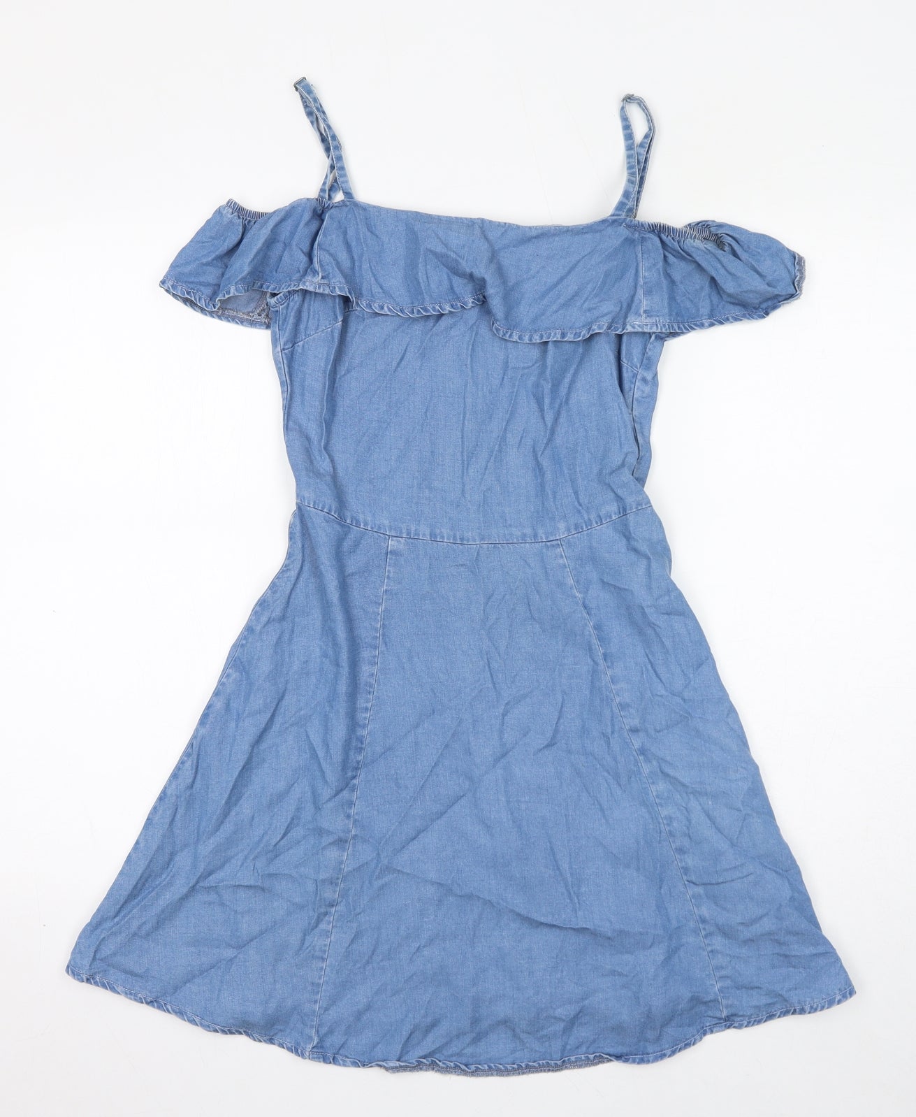 Miss Selfridge Womens Blue Lyocell Skater Dress Size 8 Off the Shoulder Zip