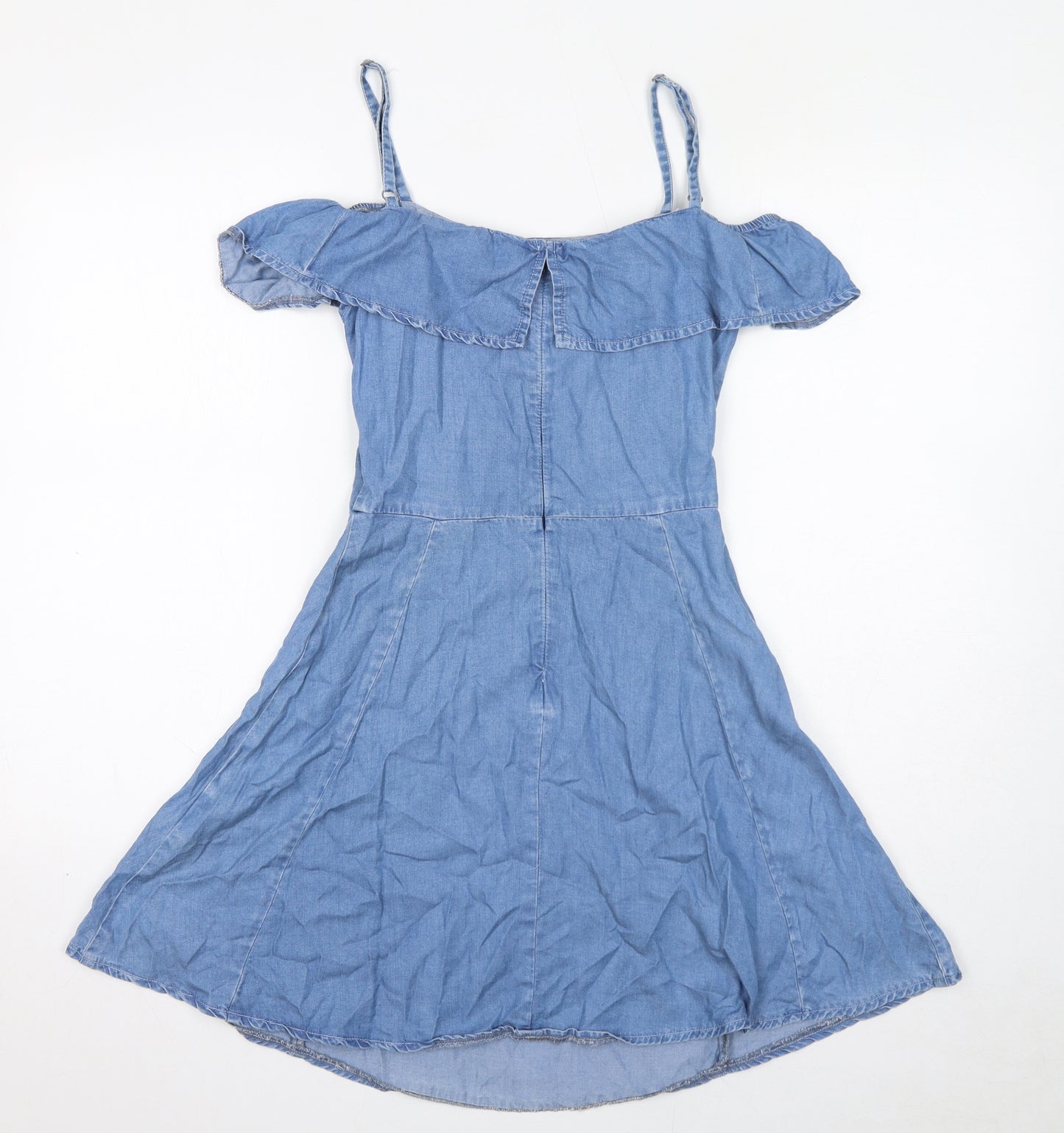 Miss Selfridge Womens Blue Lyocell Skater Dress Size 8 Off the Shoulder Zip