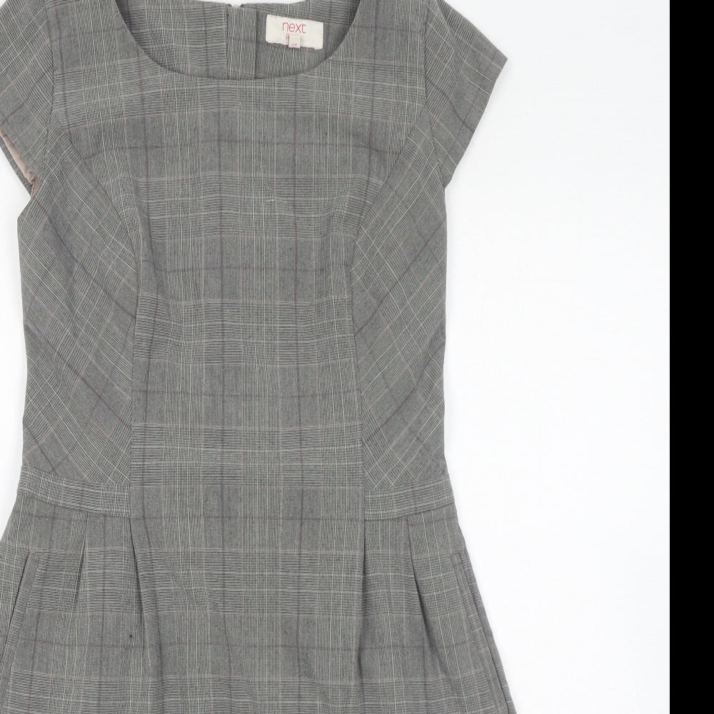 NEXT Womens Grey Plaid Polyester A-Line Size 12 Round Neck Zip