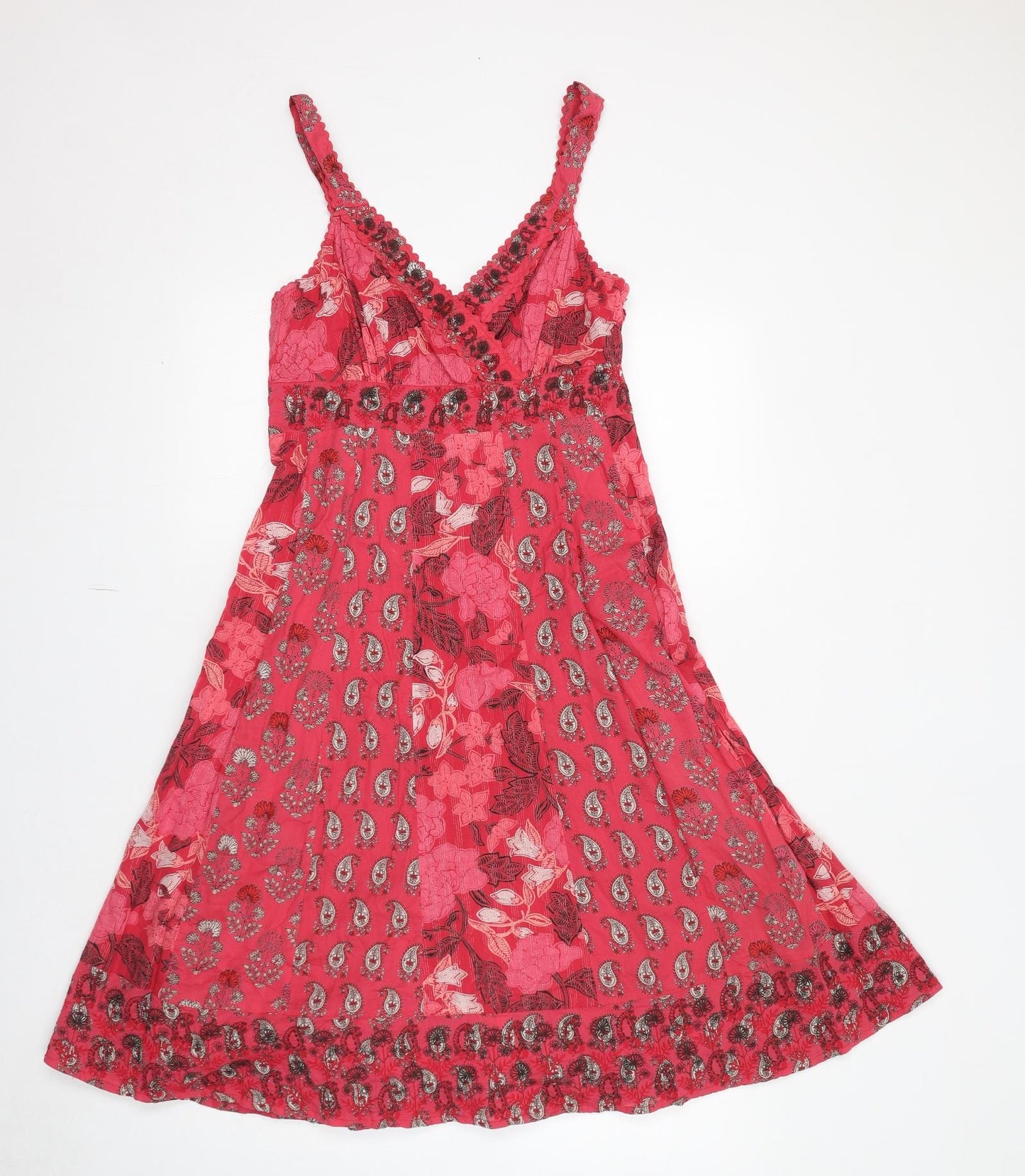 Monsoon Womens Pink Geometric 100% Cotton Slip Dress Size 14 V-Neck Zip