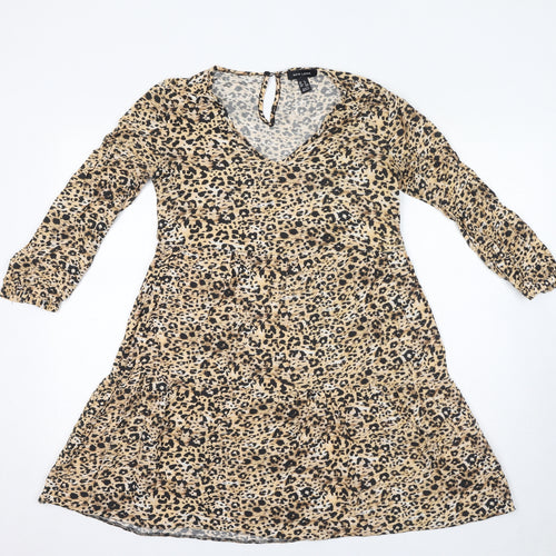 New Look Womens Beige Animal Print Viscose Ball Gown Size 8 V-Neck Pullover - Leopard Print
