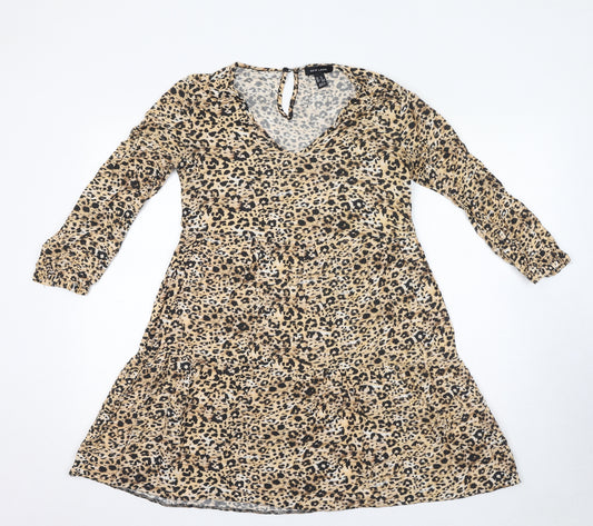 New Look Womens Beige Animal Print Viscose Ball Gown Size 8 V-Neck Pullover - Leopard Print