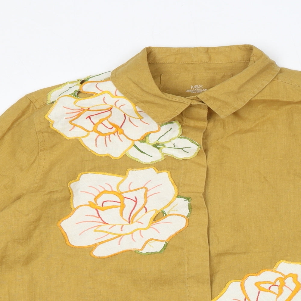 Marks and Spencer Womens Yellow Floral Linen Basic Button-Up Size 12 Collared