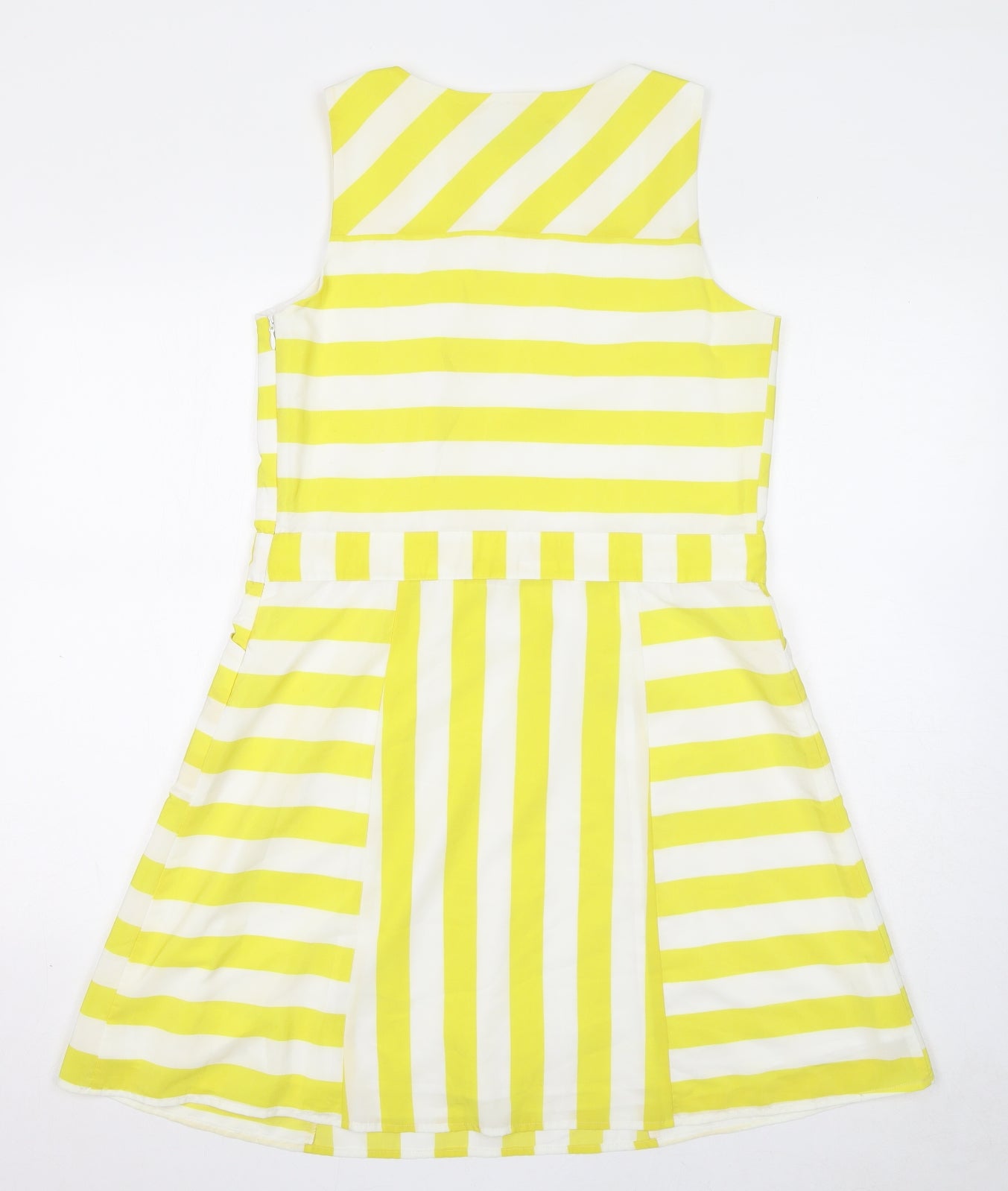 NEXT Womens Yellow Striped Polyester Skater Dress Size 12 Round Neck Zip