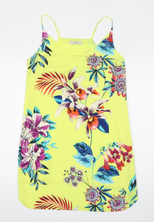 Oasis Womens Yellow Floral Polyester Slip Dress Size 10 V-Neck Zip
