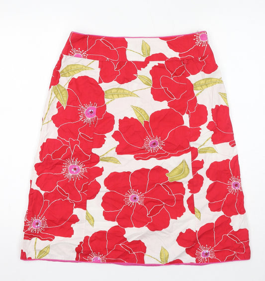 Monsoon Womens Red Floral Cotton A-Line Skirt Size 12 Zip