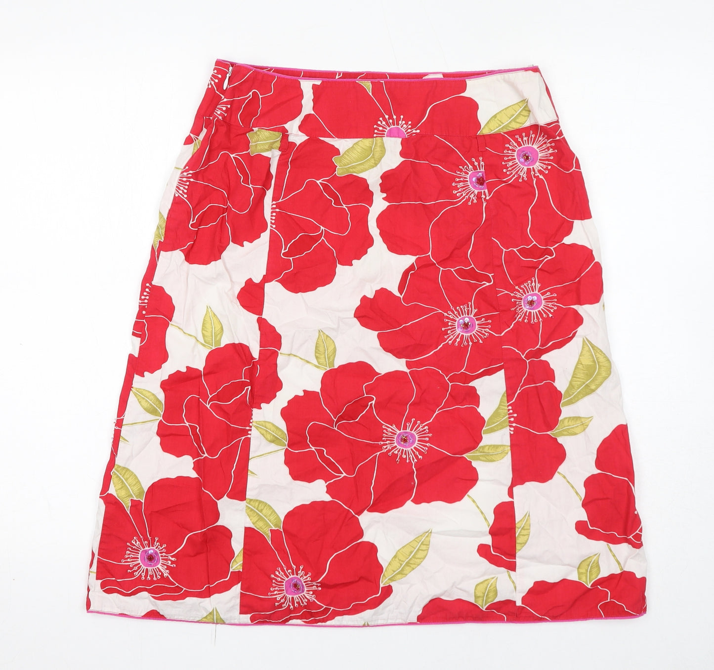 Monsoon Womens Red Floral Cotton A-Line Skirt Size 12 Zip