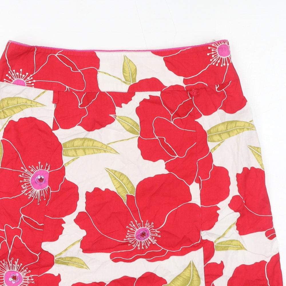 Monsoon Womens Red Floral Cotton A-Line Skirt Size 12 Zip