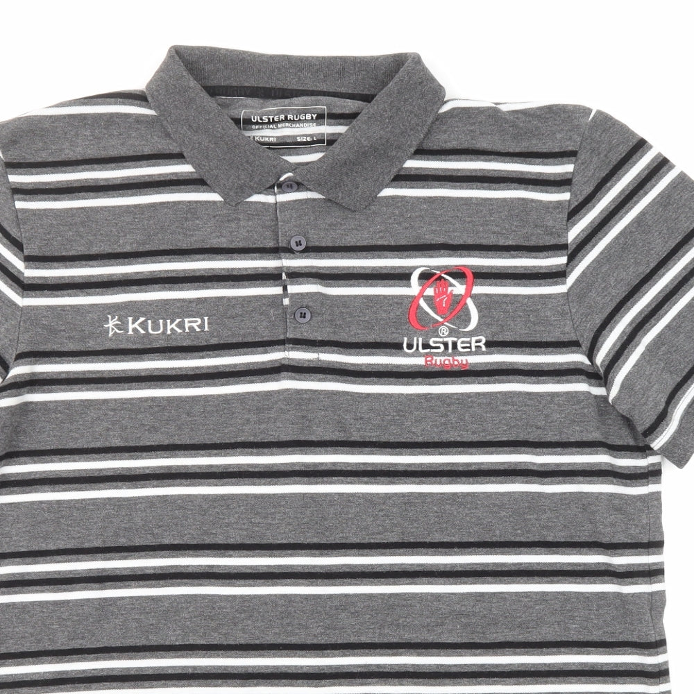 Kukri Mens Grey Striped Polyester Polo Size L Collared Button - Ulster Rugby