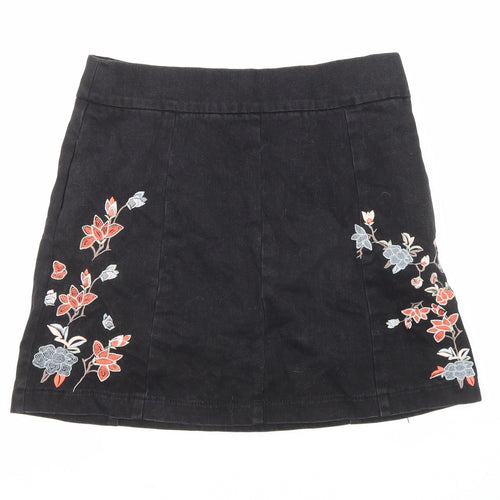Topshop Womens Black Floral Cotton A-Line Skirt Size 12 Zip