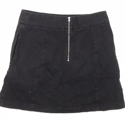 Topshop Womens Black Floral Cotton A-Line Skirt Size 12 Zip