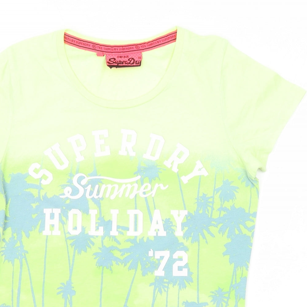 Superdry Womens Green Geometric Cotton Basic T-Shirt Size M Round Neck - Palm Tree Print