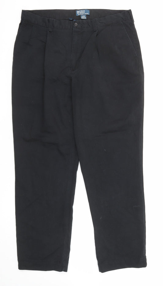 Ralph Lauren Mens Black Cotton Trousers Size 38 in L32 in Regular Zip