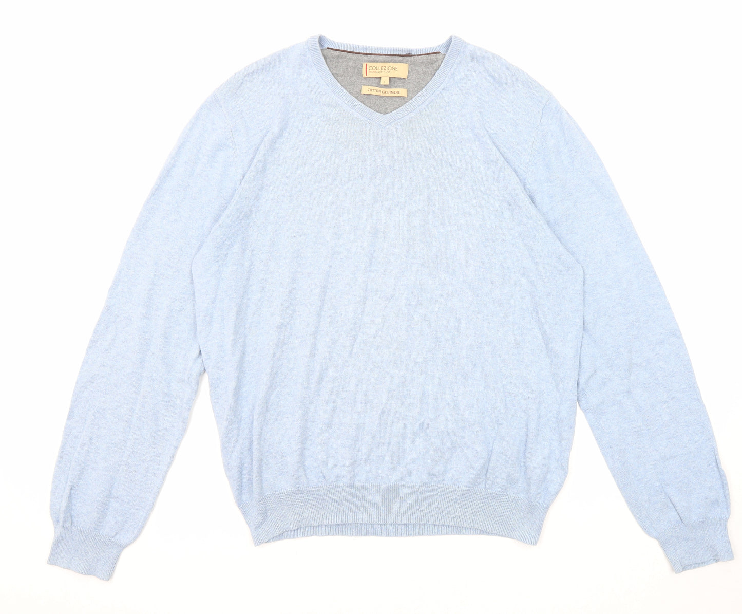 Marks and Spencer Mens Blue V-Neck Cotton Pullover Jumper Size L Long Sleeve