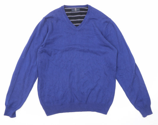 Blue Harbour Mens Blue V-Neck Cotton Pullover Jumper Size M Long Sleeve