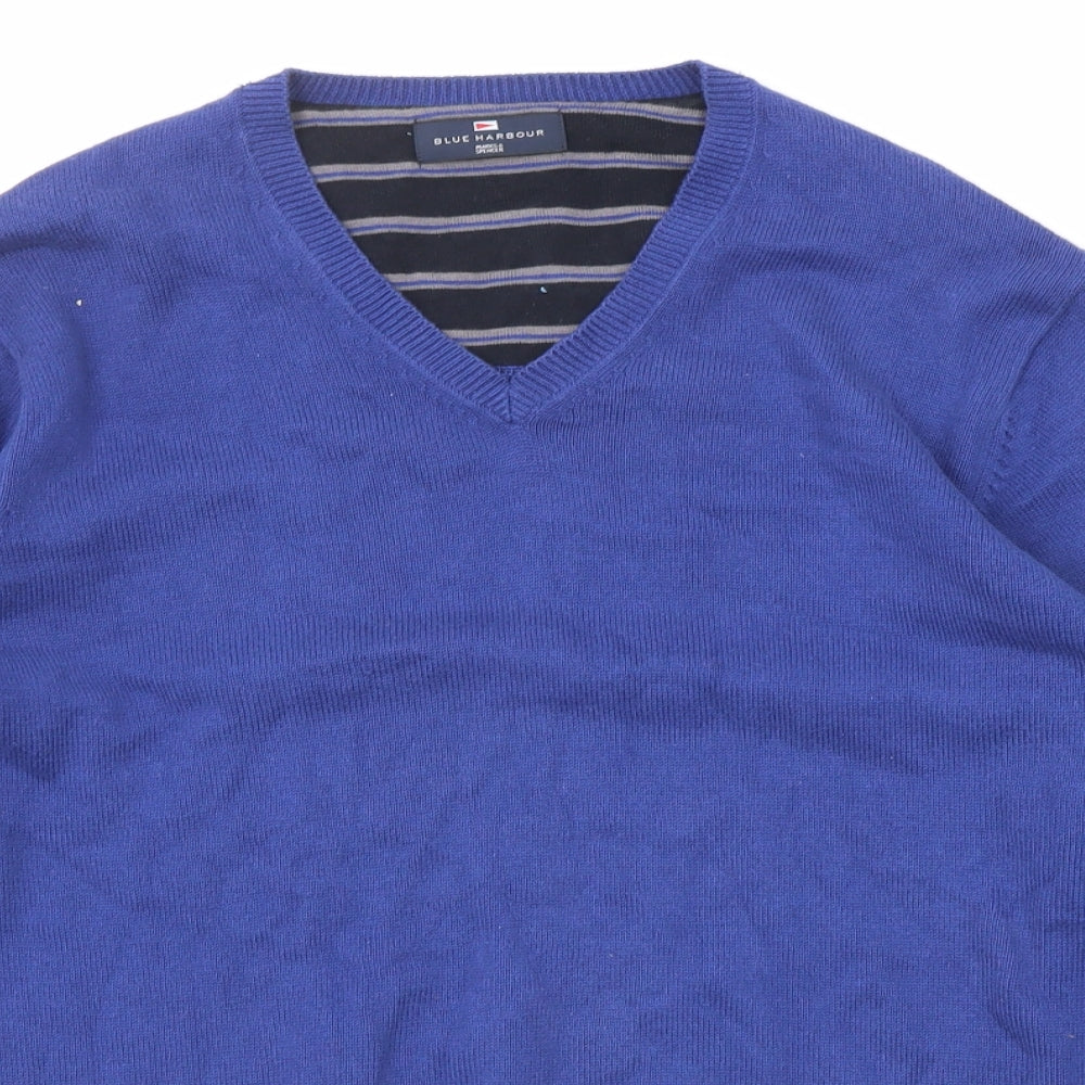 Blue Harbour Mens Blue V-Neck Cotton Pullover Jumper Size M Long Sleeve