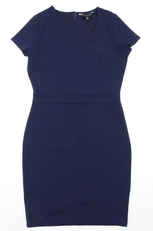Dorothy Perkins Womens Blue Polyester Shift Size 12 V-Neck Zip